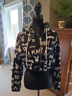 PLAYBOY Black and White Logo Zip Cropped Hoodie Size Small